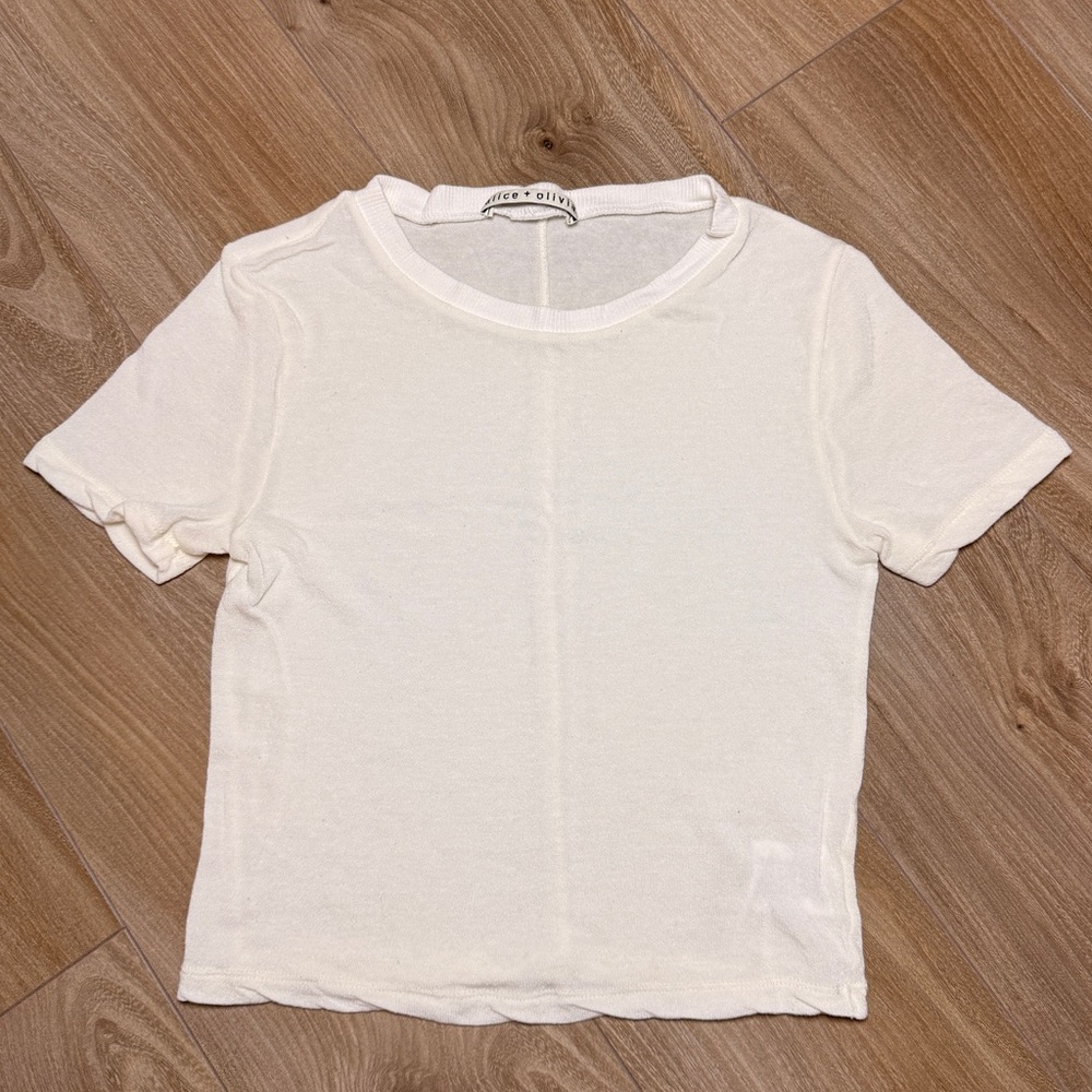 Alice + Olivia White Short Sleeve Sheer Cropped Tee XS Lightweight Basics